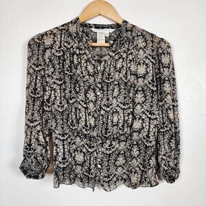 Max Studio Silk Blouse Black Beige Sheer Ruffle Victorian Boho Dark Academia SM